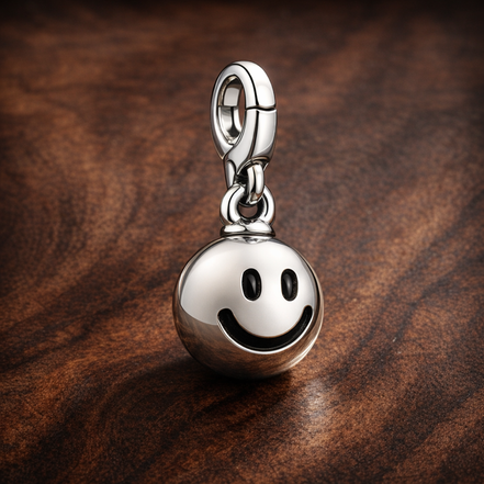 Smiley Face Charm - Silver Smiley Face Dangle Charm — display on walnut