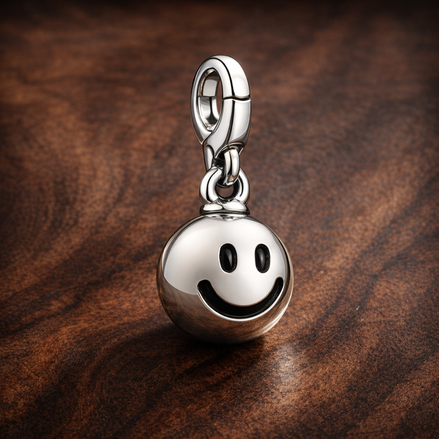 Smiley Face Charm - Silver Smiley Face Dangle Charm — display on walnut