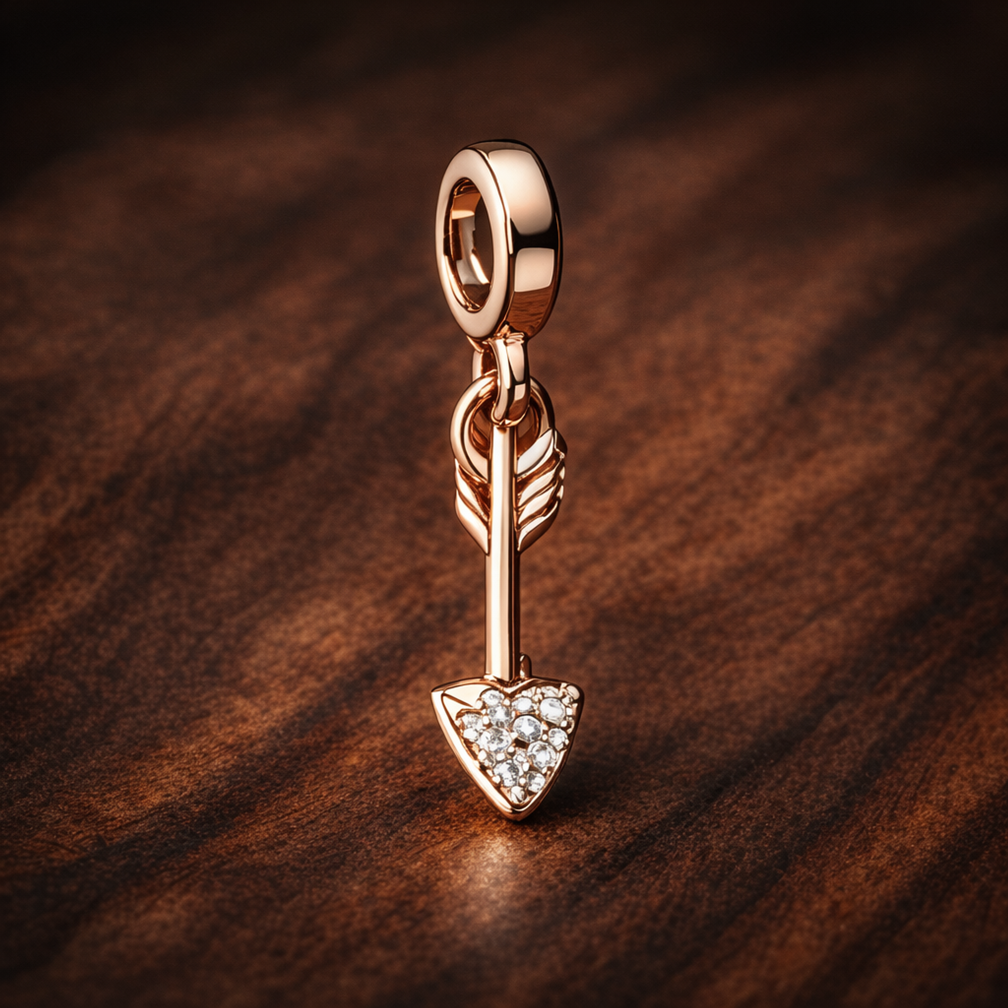 Rose Gold Plated Arrow Charm - Rose Gold Plated Arrow Dangle Charm — display on walnut