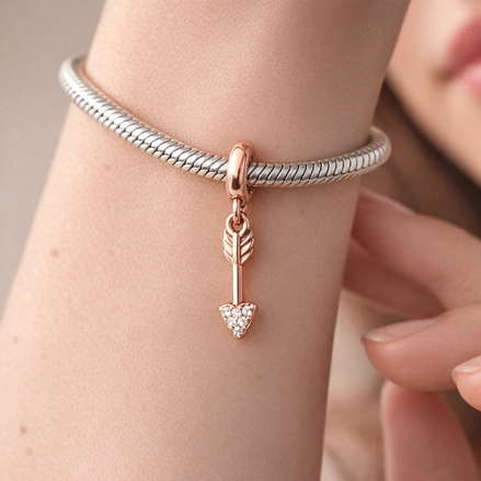 Rose Gold Plated Arrow Charm - Rose Gold Plated Arrow Dangle Charm — worn on wrist