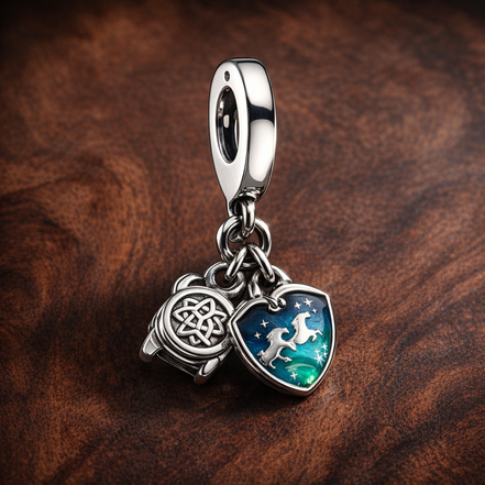Camera, Heart & Compass Triple Dangle Charm — display on walnut