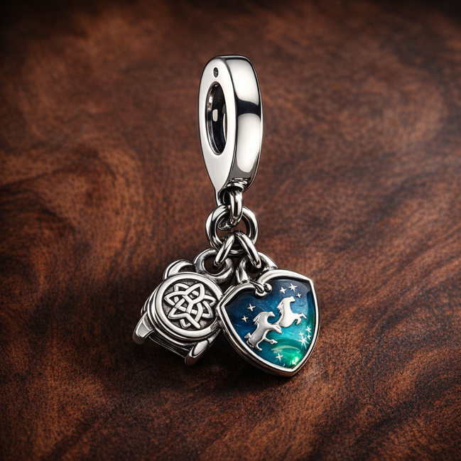Camera, Heart & Compass Triple Dangle Charm — display on walnut