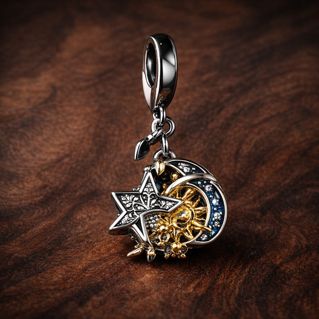 Two-tone Celestial Triple Dangle Charm — display on walnut