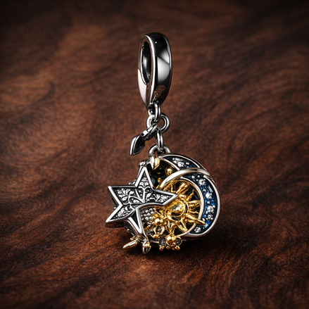 Two-tone Celestial Triple Dangle Charm — display on walnut