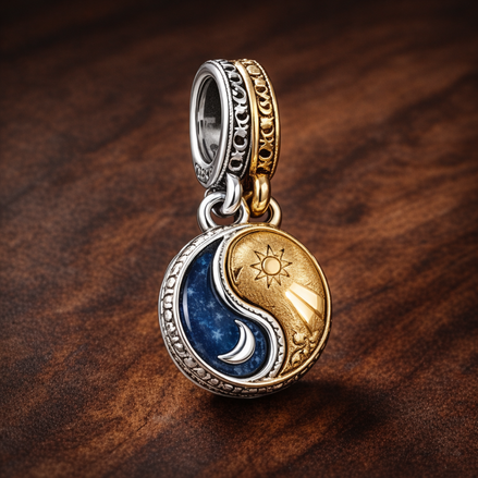Two-tone Splittable Sun & Moon Dangle Charm — display on walnut
