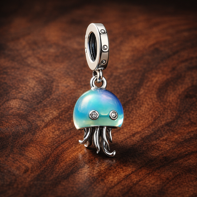 Color-changing Jellyfish Dangle Charm — display on walnut