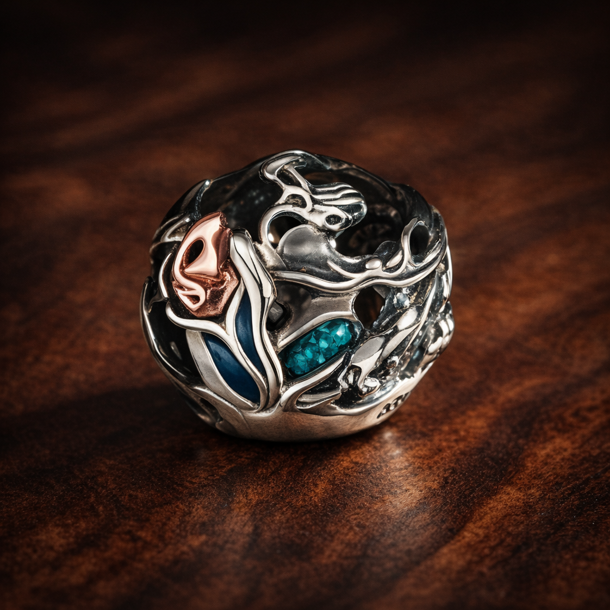 Rose Theater Mask Charm - Rose Theater Mask and Scroll Charm — display on walnut
