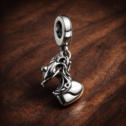 Moka Pot Dangle Charm — display on walnut