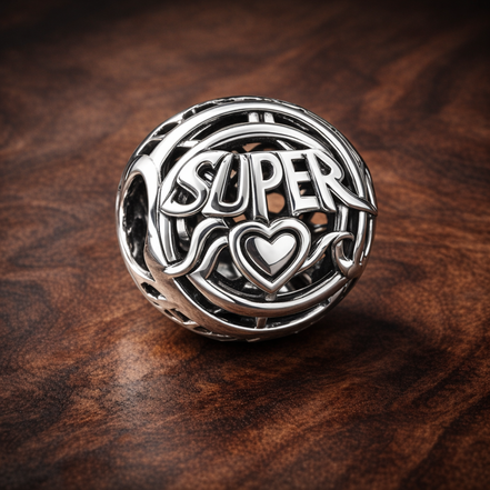 Super Mom Charm - Super Mom Openwork Charm — display on walnut