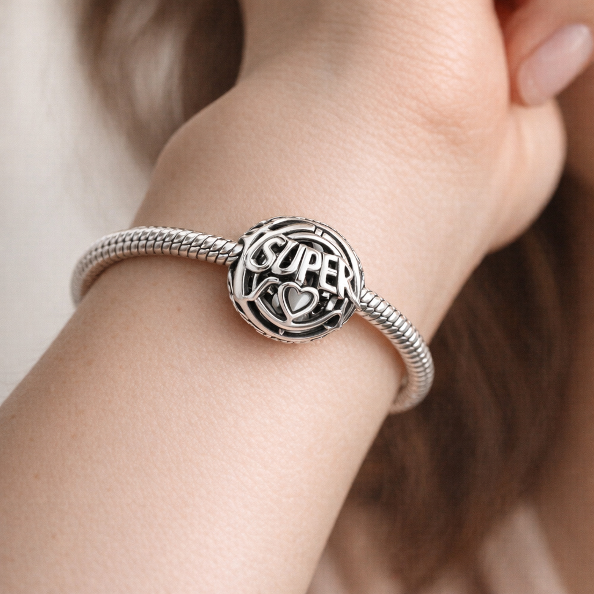 Super Mom Charm - Super Mom Openwork Charm — worn on wrist