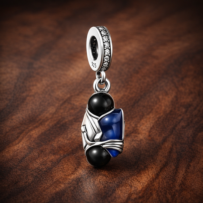 Blue Gem Dangle Charm - Deep Blue Gem Drop Charm — display on walnut