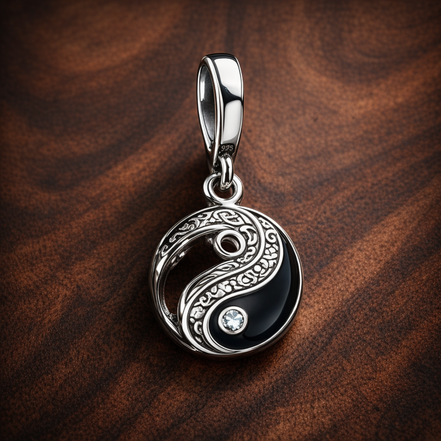 Yin Yang Charm - Silver Yin Yang Dangle Charm — display on walnut
