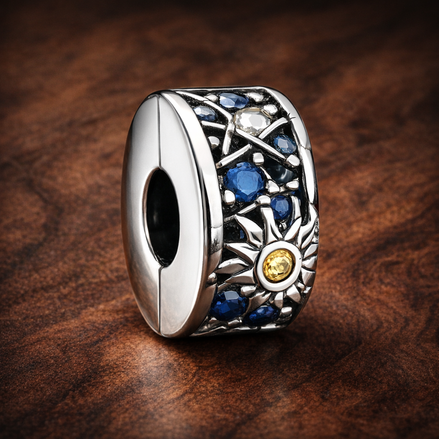 Day and Night Sun Moon Bead - Blue Sun Moon Celestial Bead — display on walnut