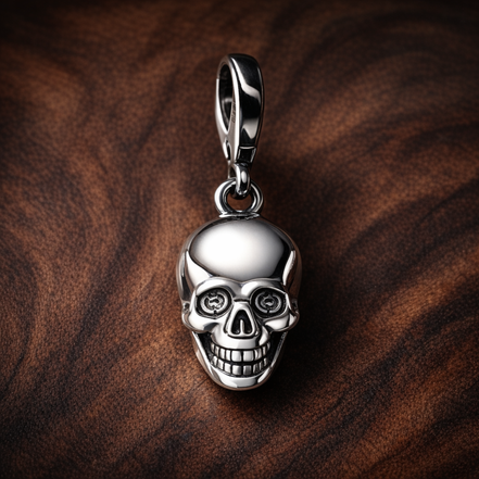 Sugar Skull Dangle Charm - Silver Sugar Skull Dangle Charm — display on walnut
