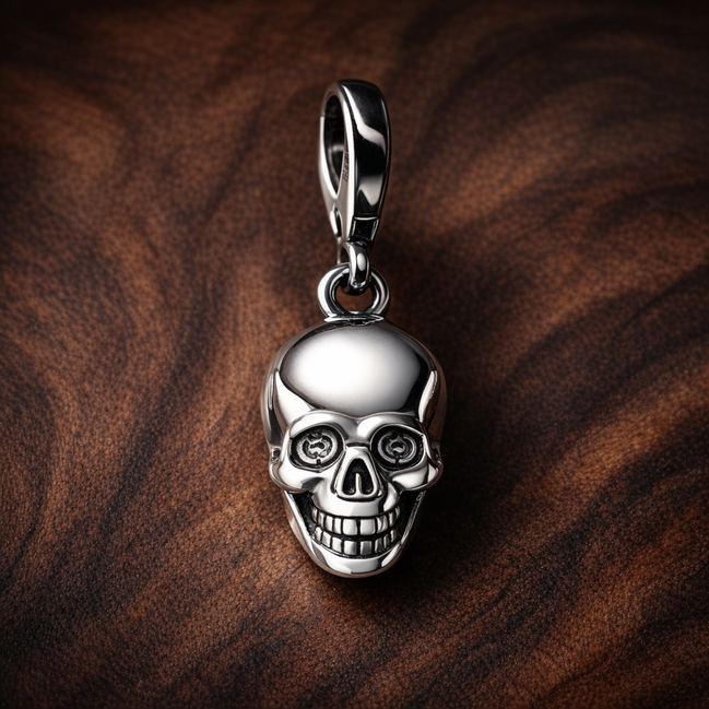 Sugar Skull Dangle Charm - Silver Sugar Skull Dangle Charm — display on walnut