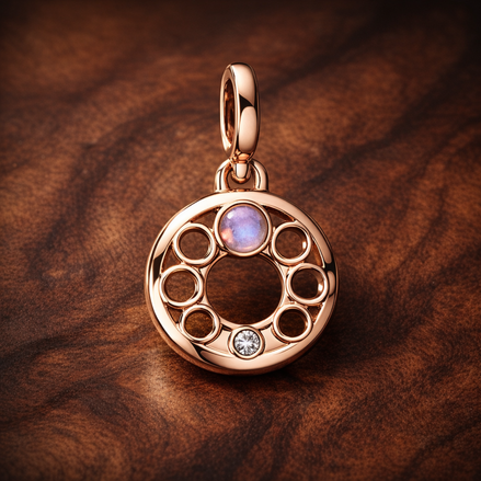Rose Gold Plated Circle of Stones Charm - Rose Gold Plated Open Circle Stone Charm — display on walnut