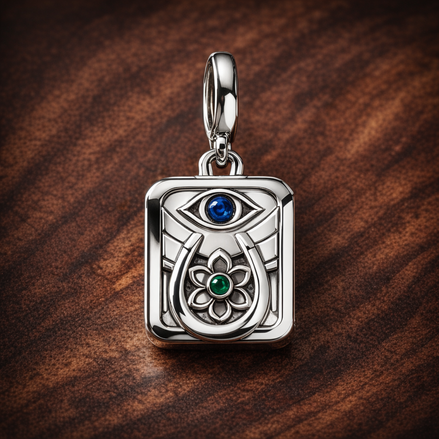Blue Evil Eye Rectangle Charm - Blue Evil Eye Rectangular Dangle Charm — display on walnut