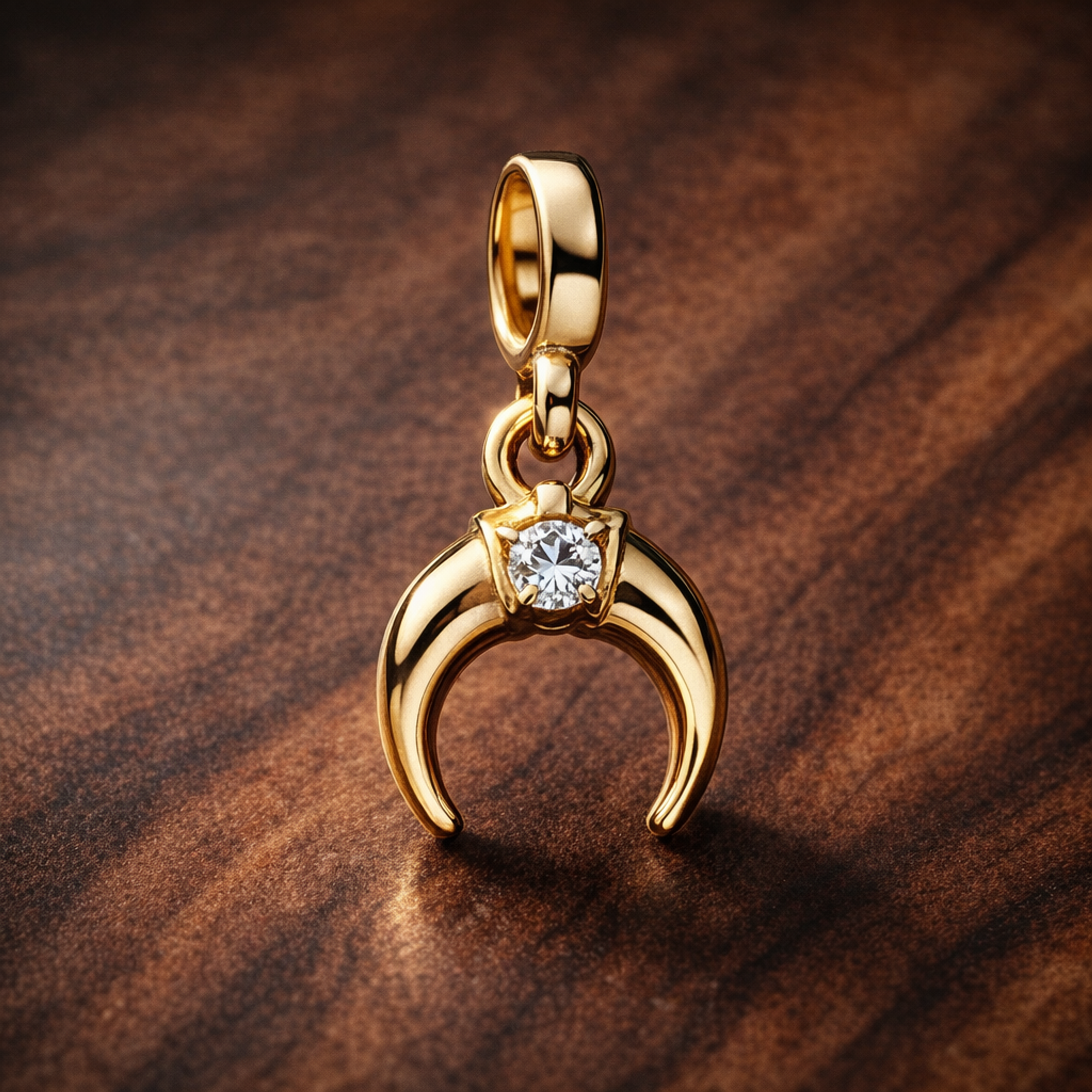 Gold Plated Crescent Moon Charm - Gold Plated Crescent Moon Stone Charm — display on walnut