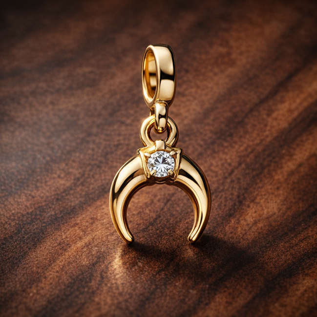Gold Plated Crescent Moon Charm - Gold Plated Crescent Moon Stone Charm — display on walnut