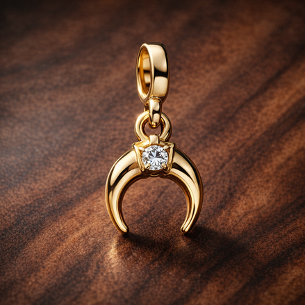 Gold Plated Crescent Moon Charm - Gold Plated Crescent Moon Stone Charm — display on walnut