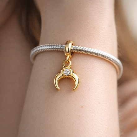 Gold Plated Crescent Moon Charm - Gold Plated Crescent Moon Stone Charm — worn on wrist