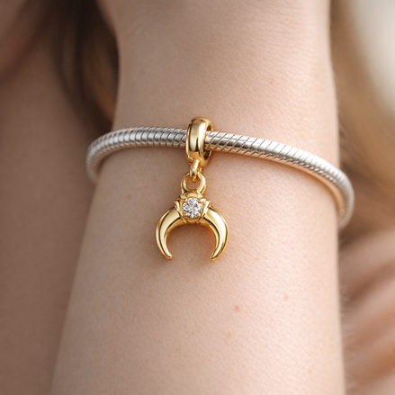 Gold Plated Crescent Moon Charm - Gold Plated Crescent Moon Stone Charm — worn on wrist