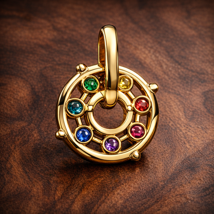 Rainbow Wheel Charm - Gold Plated Rainbow Stone Wheel Charm — display on walnut