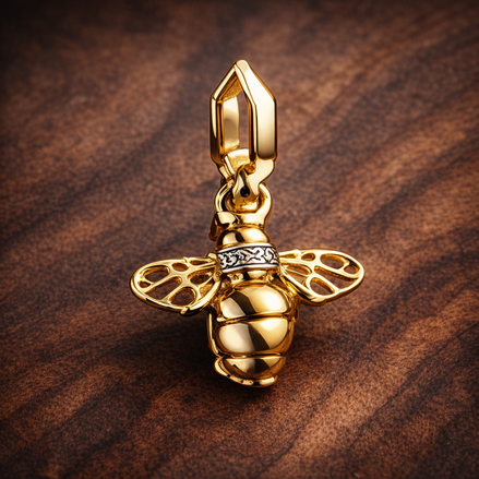 Sparkling Bee Dangle Charm — display on walnut