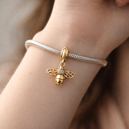 Sparkling Bee Dangle Charm — worn on wrist