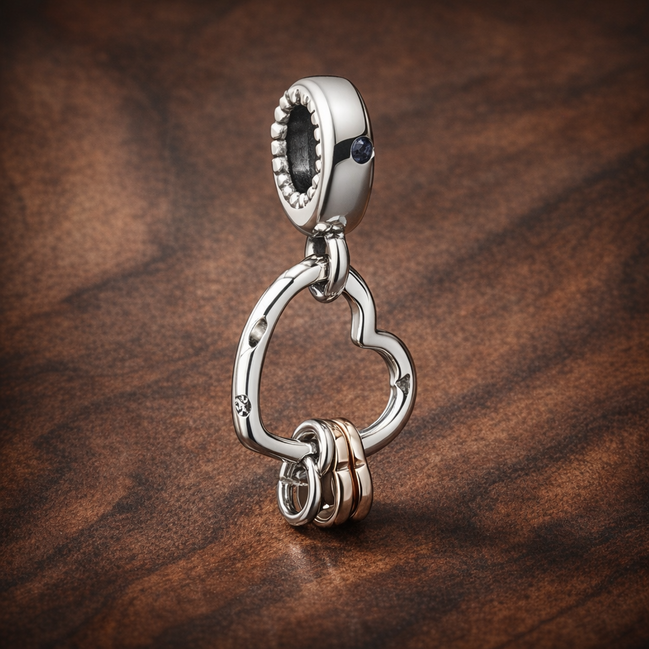 Heart Full of Hearts Dangle Charm — display on walnut