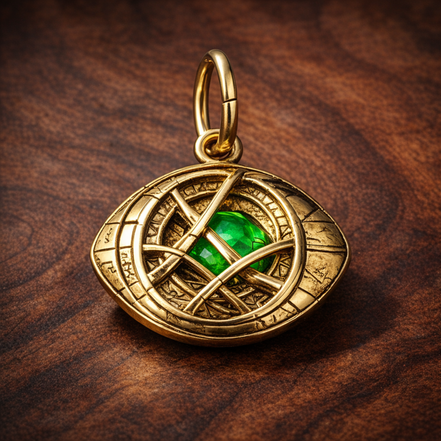 Gold Plated Eye Talisman Charm - Gold Plated Eye Talisman with Green Stone Charm — display on walnut