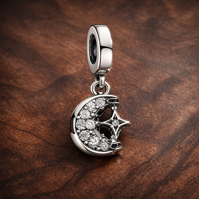 Crystal Spiderweb Charm - Silver Spiderweb Dangle Charm — display on walnut