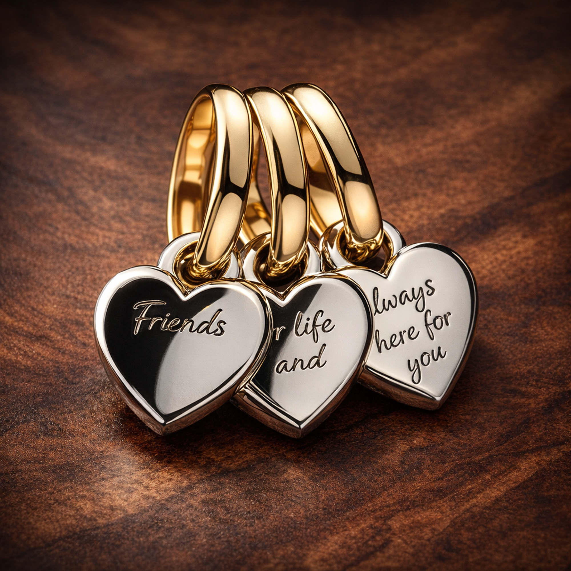 Friendship Trio Hearts Charm - Three Friends Heart Dangle Charm — display on walnut