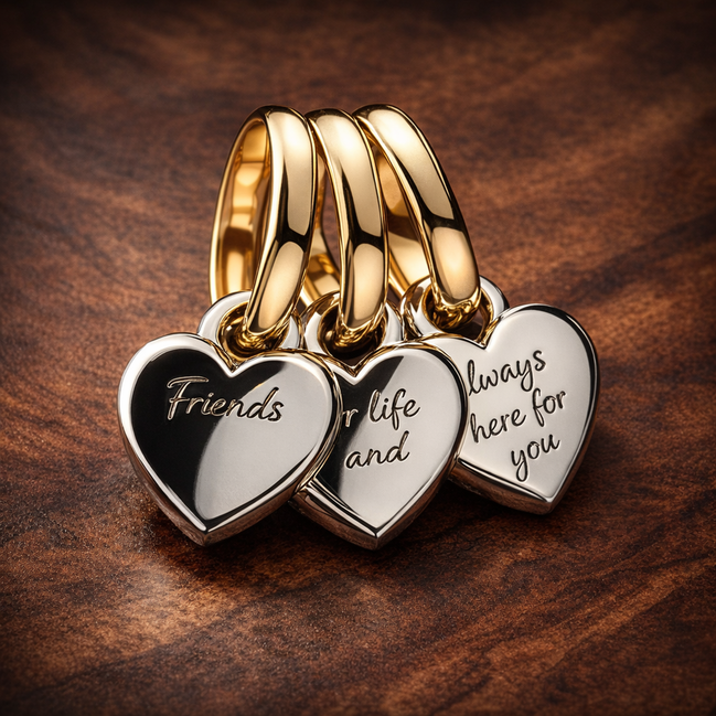 Friendship Trio Hearts Charm - Three Friends Heart Dangle Charm — display on walnut