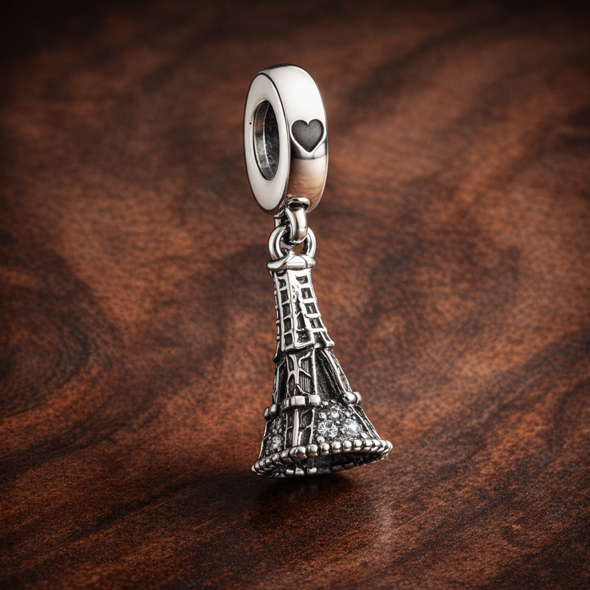 Castle Skyline Charm - Silver Castle Skyline Dangle Charm — display on walnut