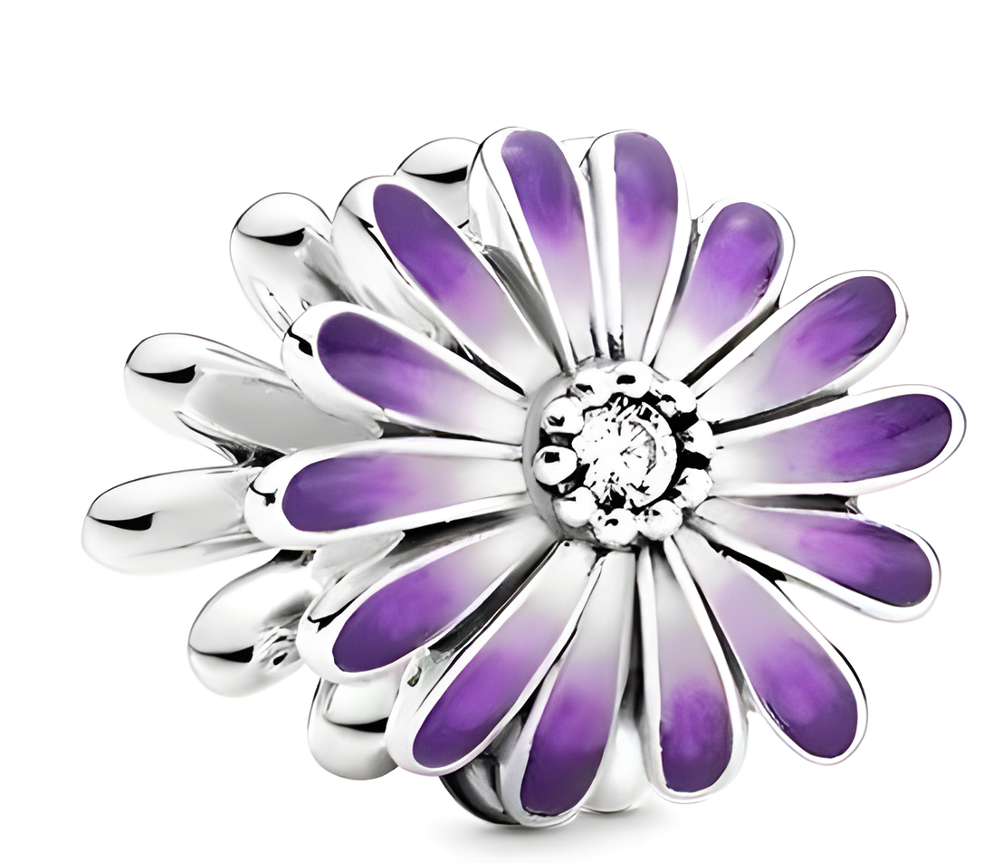 Sterling Silver Purple Enamel Daisy Bloom Charm with Centre Stone