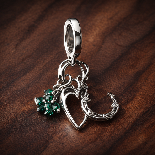 Four Leaf Clover, Heart and Horseshoe Triple Dangle Charm — display on walnut