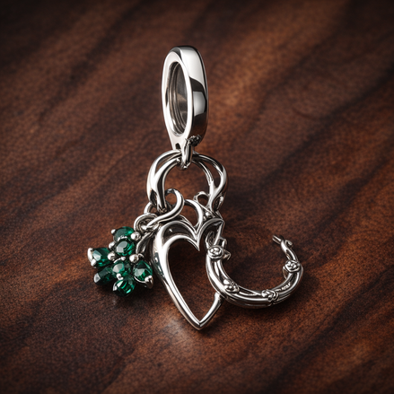 Four Leaf Clover, Heart and Horseshoe Triple Dangle Charm — display on walnut
