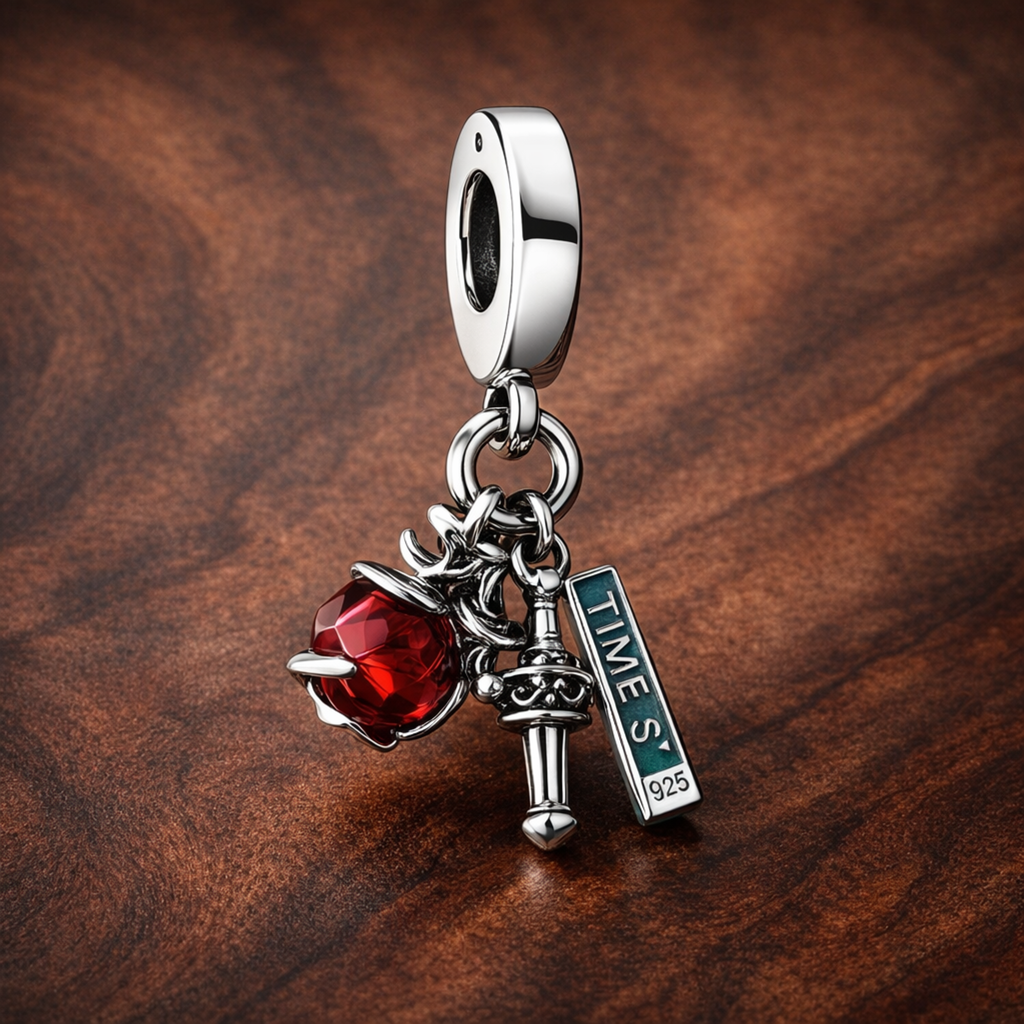 I Love NYC Charm - I Love NYC Apple Key Charm — display on walnut