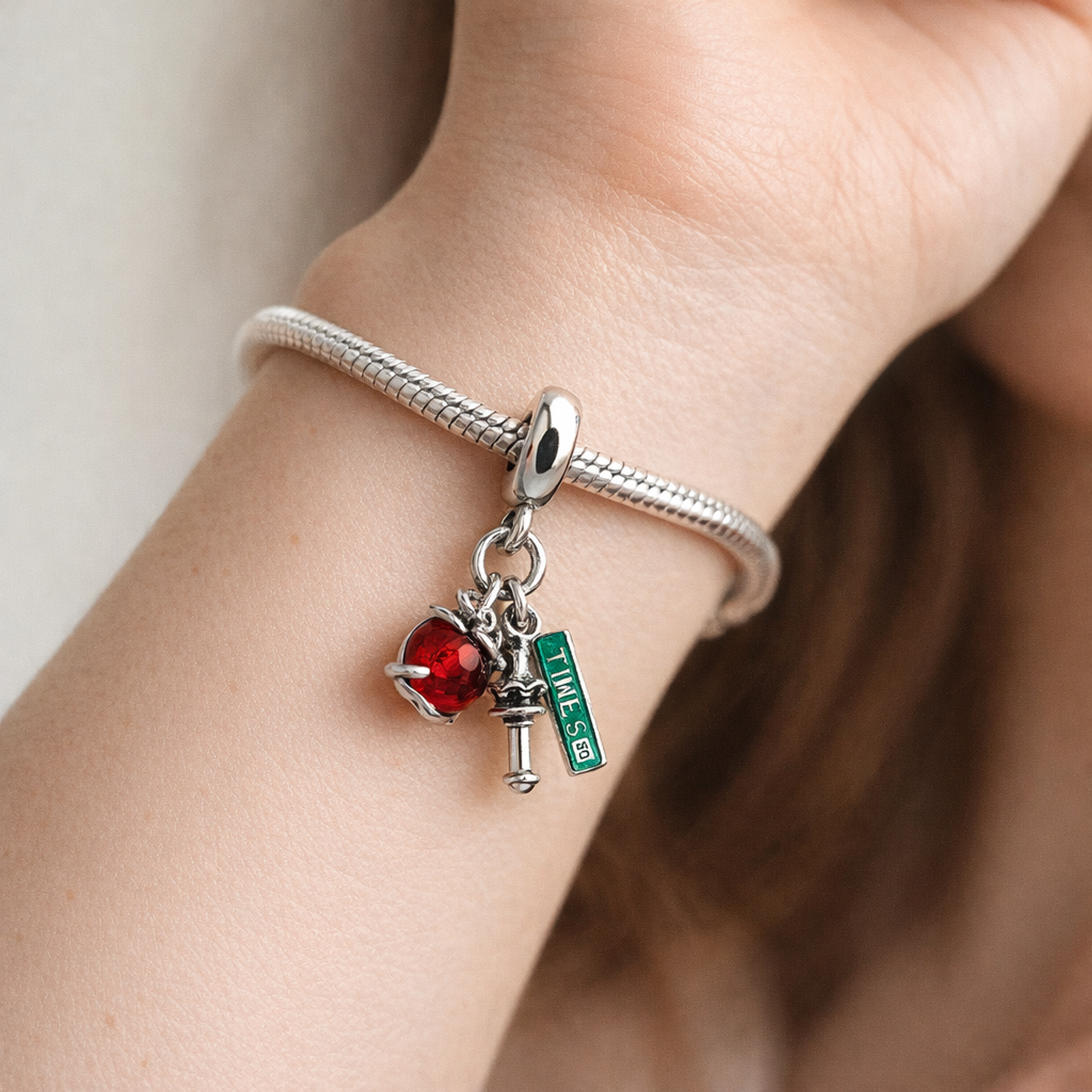 I Love NYC Charm - I Love NYC Apple Key Charm — worn on wrist