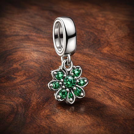 Four Leaf Clover Dangle Charm — display on walnut