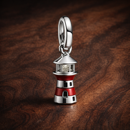 Glow-in-the-dark Lighthouse Dangle Charm — display on walnut