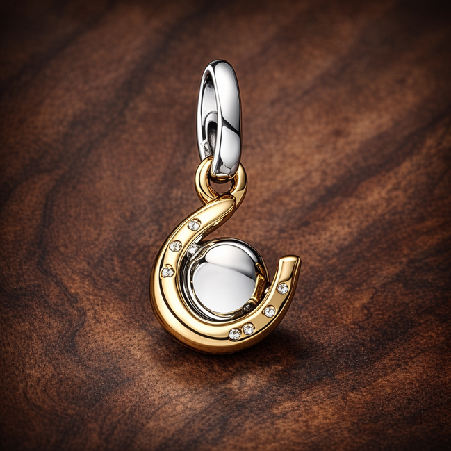 Gold Plated Horseshoe Love Charm - Gold Plated Horseshoe Love Dangle Charm — display on walnut