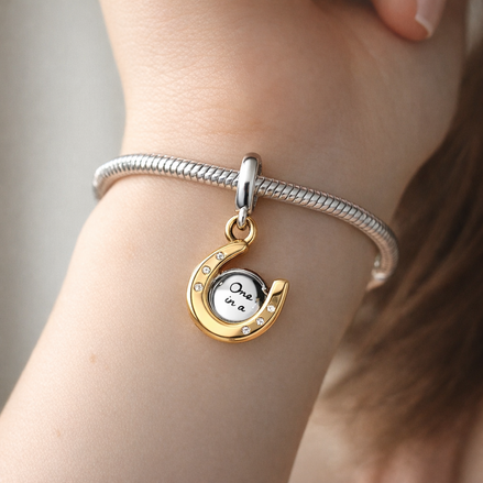 Gold Plated Horseshoe Love Charm - Gold Plated Horseshoe Love Dangle Charm — worn on wrist