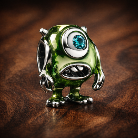 Mike Wazowski Charm - Green One-Eyed Monster Charm — display on walnut