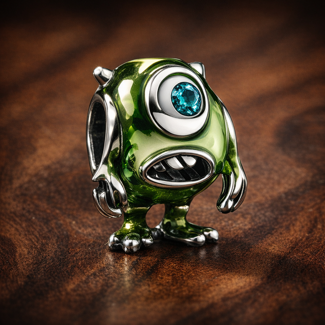 Mike Wazowski Charm - Green One-Eyed Monster Charm — display on walnut