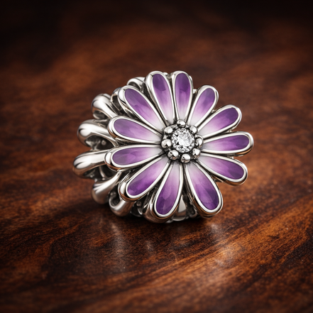 Purple Daisy Bloom - Purple Daisy Bloom Charm — display on walnut