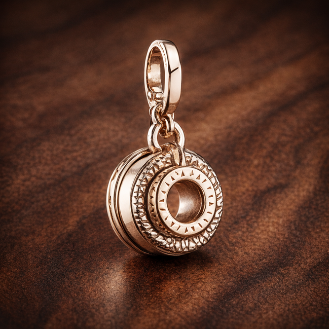 Rose Gold Plated Double Ring Charm - Rose Gold Plated Double Circle Dangle Charm — display on walnut