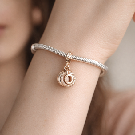 Rose Gold Plated Double Ring Charm - Rose Gold Plated Double Circle Dangle Charm — worn on wrist