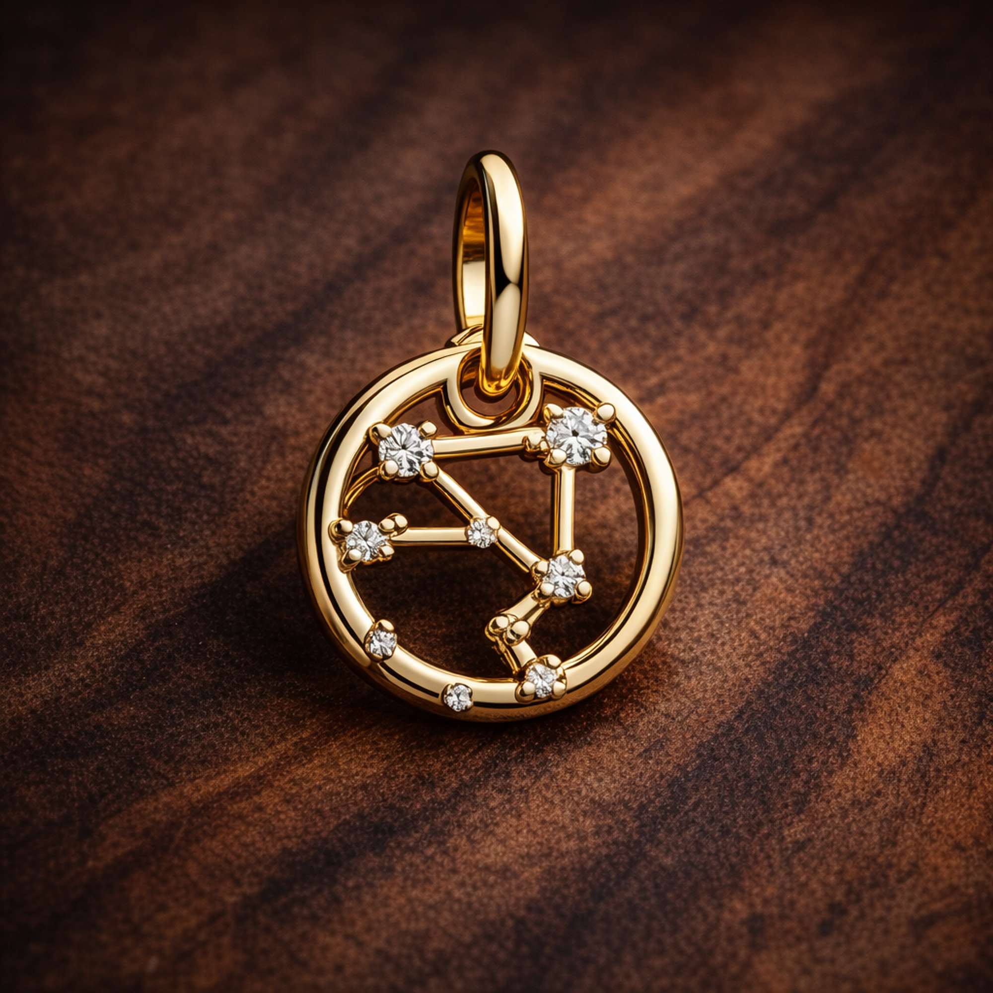 Libra Zodiac Charm - Gold Plated Libra Zodiac Charm — display on walnut